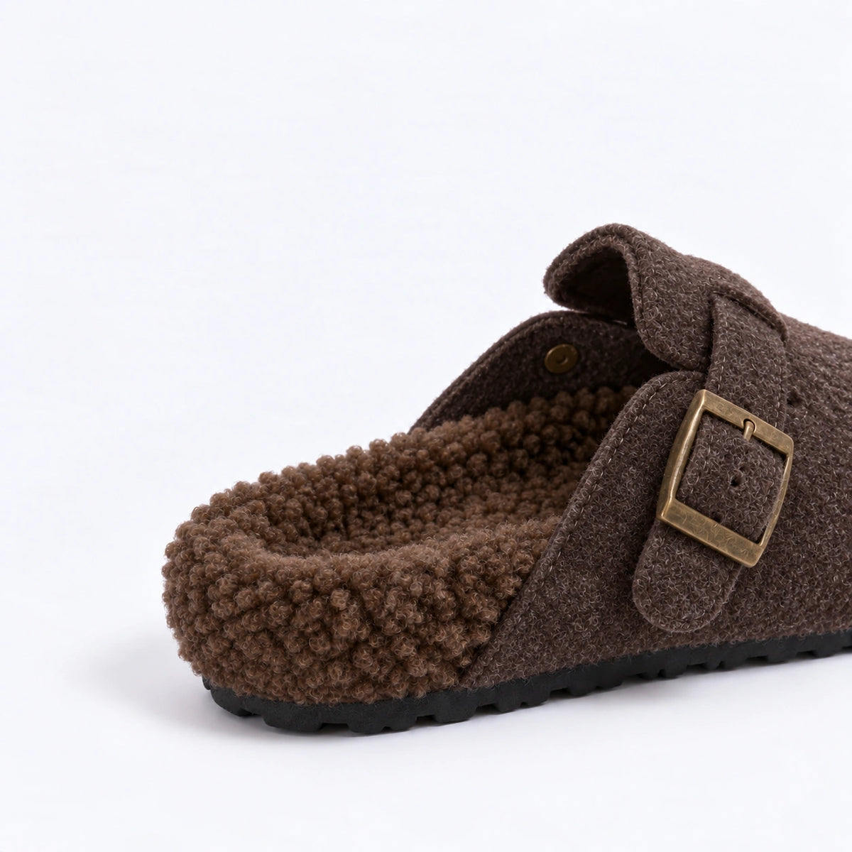 The Dual Stride Cozy Brown Fleece Buckle Mules