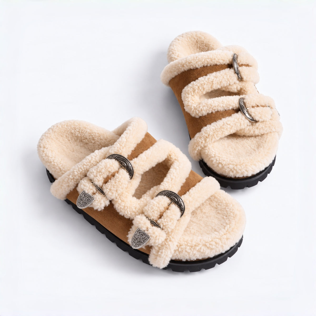 The Dual Stride Women's Brown Cozy Fleece Double Buckle Slides