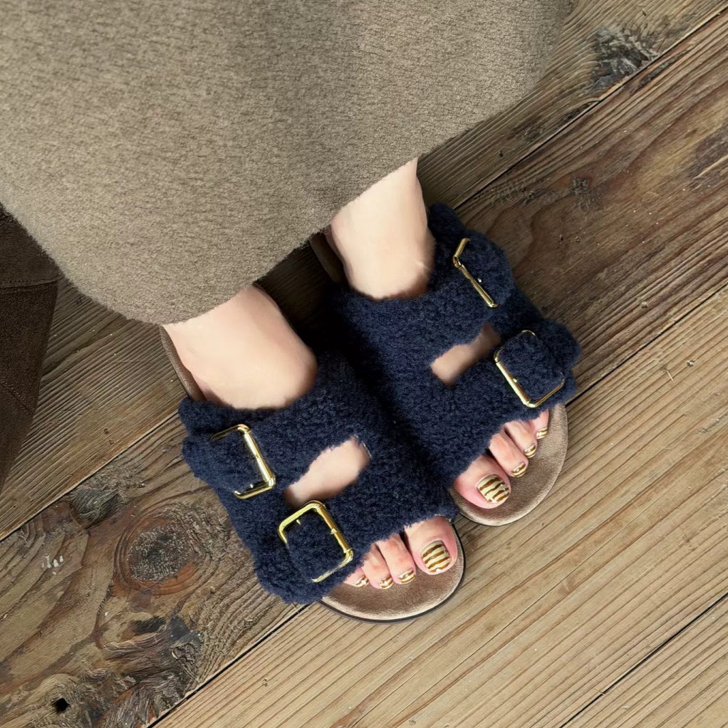 The Dual Stride Navy Curly Faux Fur Double Buckle Slide Sandals