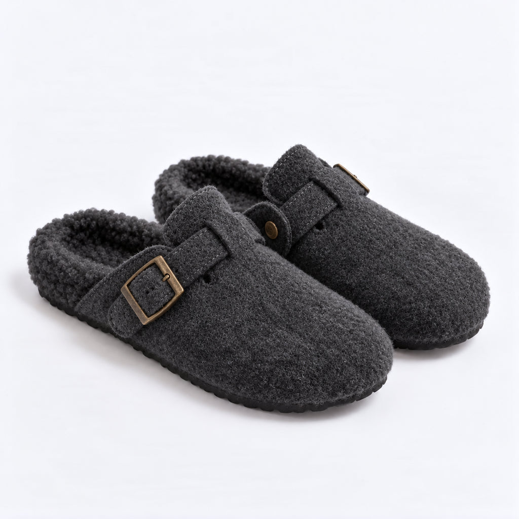 The Dual Stride Cozy Gray Fleece Buckle Mules