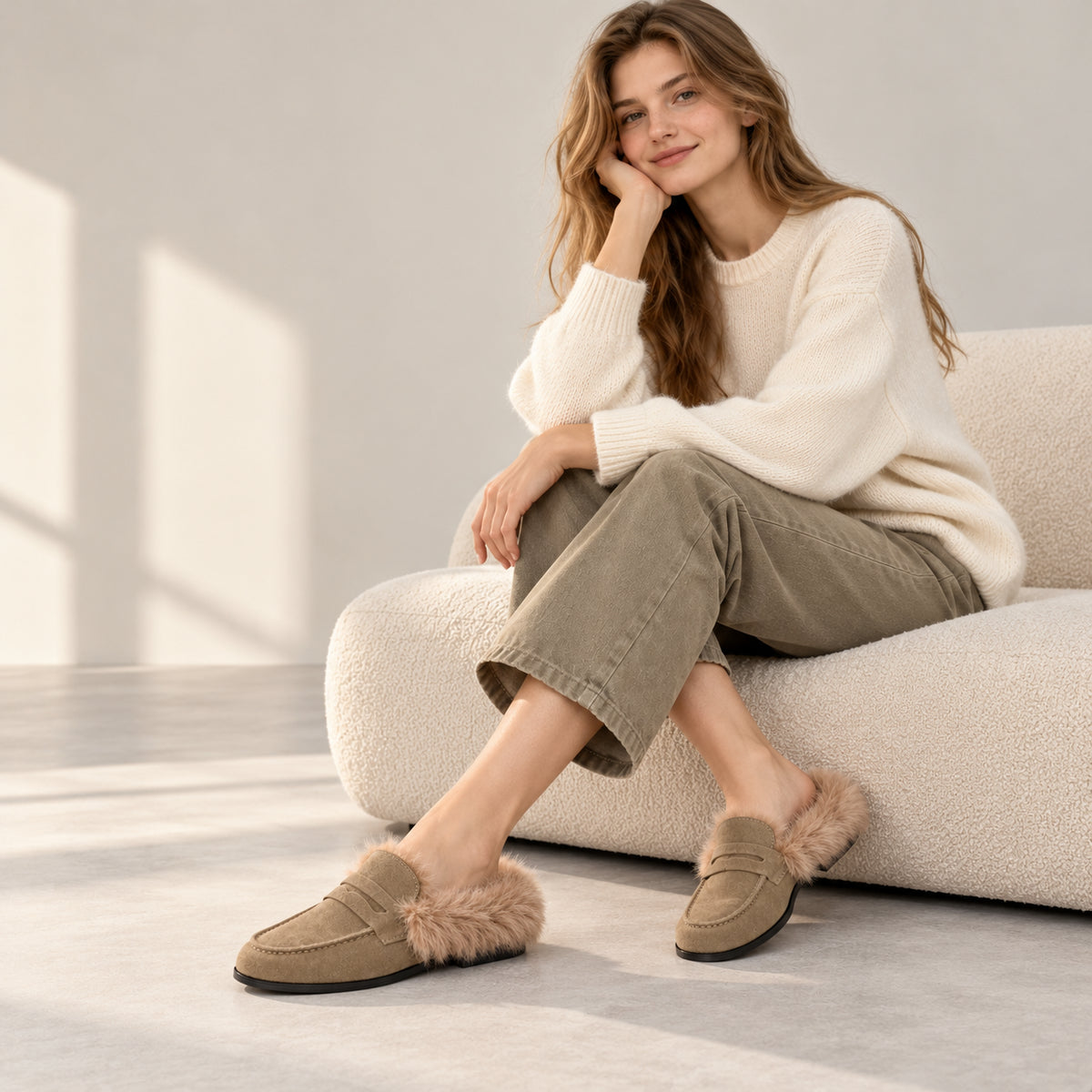 The Dual Stride Women's Khaki Suede Faux Fur Loafer Mules – Runs One Size Small