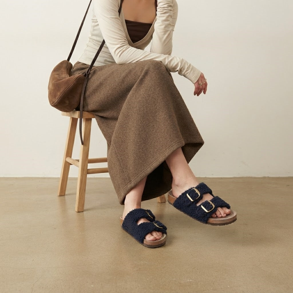 The Dual Stride Navy Curly Faux Fur Double Buckle Slide Sandals
