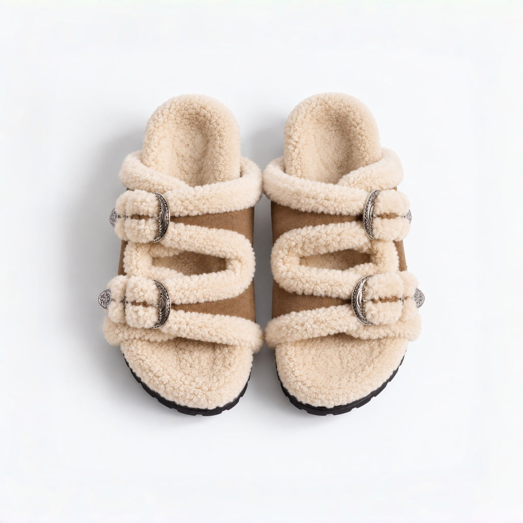 The Dual Stride Women's Brown Cozy Fleece Double Buckle Slides