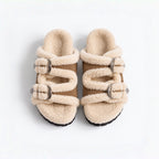 The Dual Stride Women's Brown Cozy Fleece Double Buckle Slides