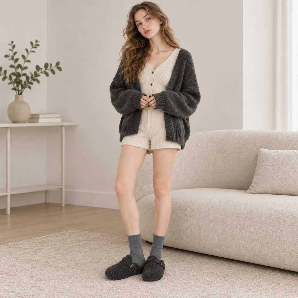 The Dual Stride Cozy Gray Fleece Buckle Mules