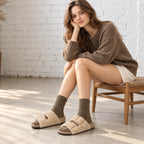 The Dual Stride Beige Curly Faux Fur Double Buckle Slide Sandals