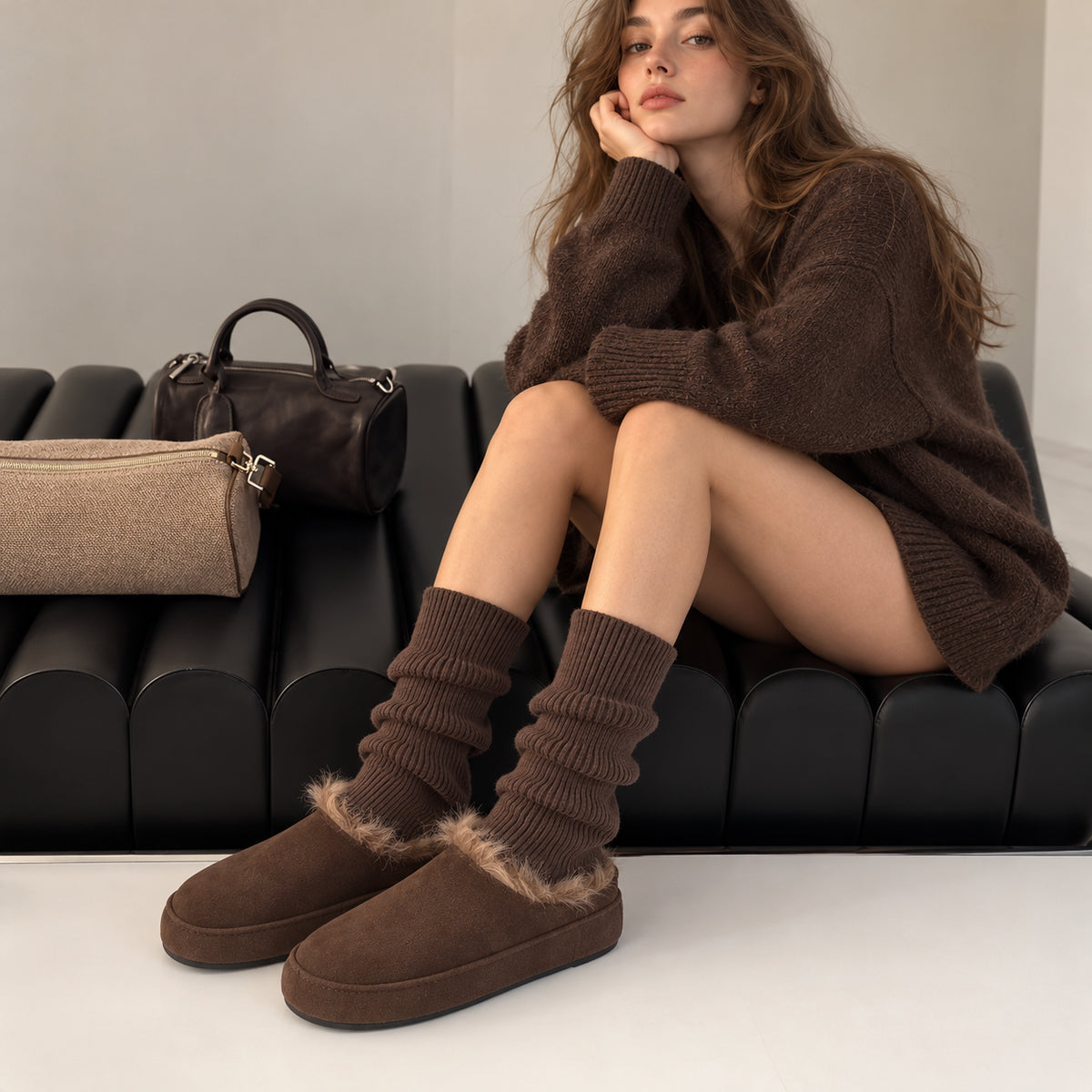 The Dual Stride Women's Dark Brown Suede Fur Lined Mule Slippers