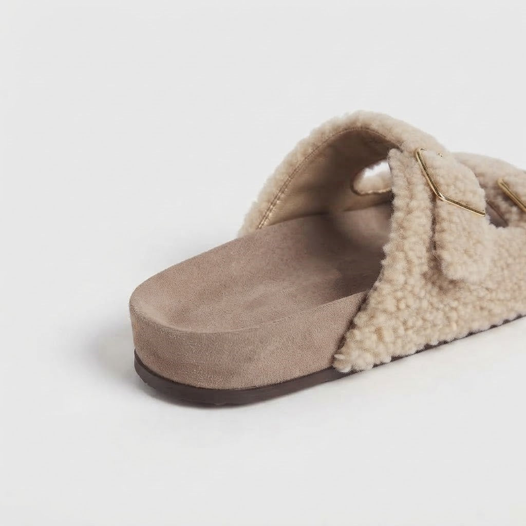 The Dual Stride Beige Curly Faux Fur Double Buckle Slide Sandals