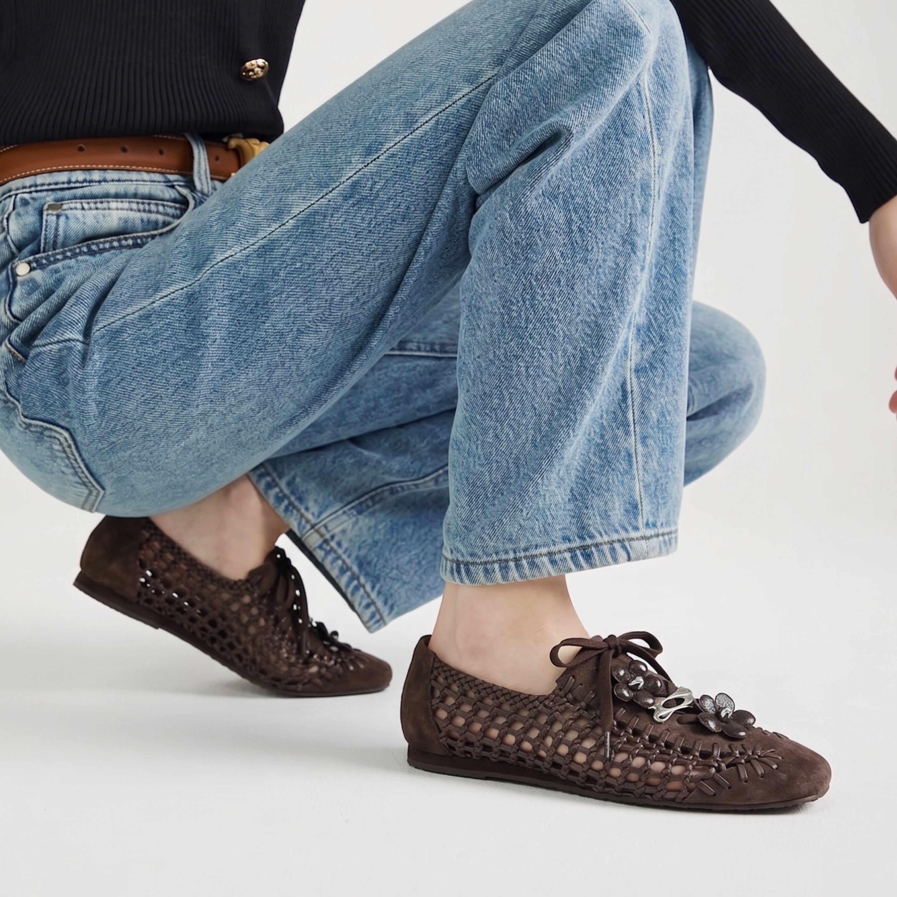 The Dual Stride Brown Open-Weave Suede Flats