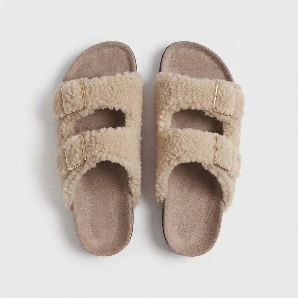 The Dual Stride Beige Curly Faux Fur Double Buckle Slide Sandals